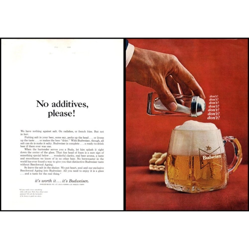 1965 Budweiser Beer 2 Page Vintage Print Ad Salt Shaker Peanuts Mug Wall Art